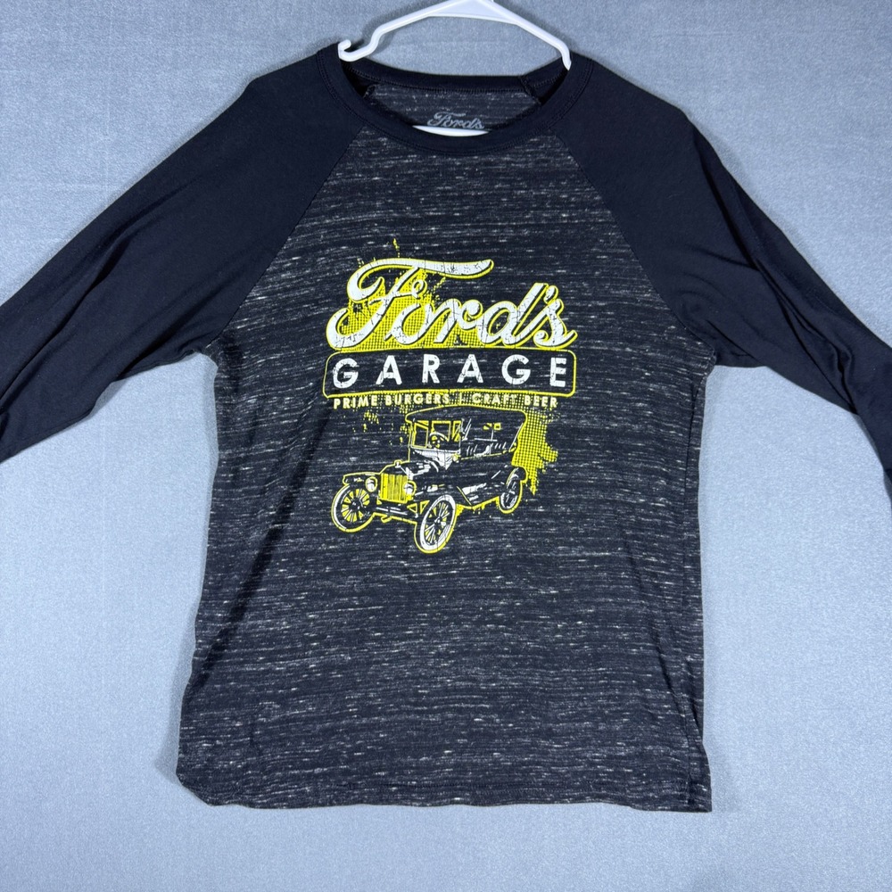 Ford's Garage T-Shirt Mens M Black Space Dye Raglan Long Sleeve Graphic Tee